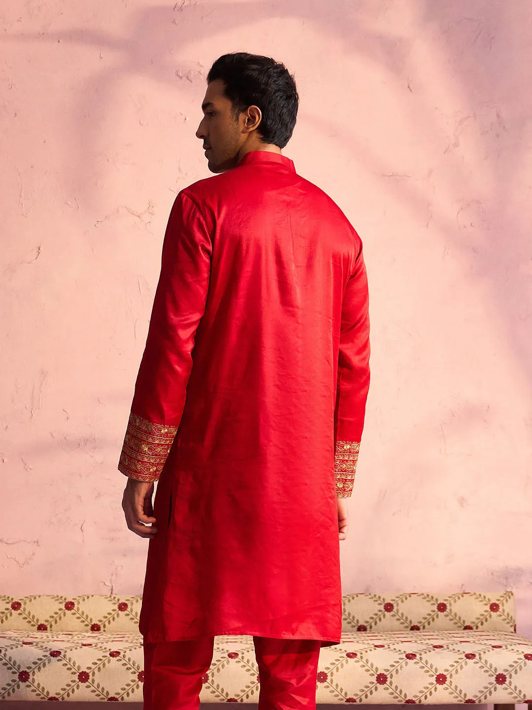 Jashvi Men's Red Silk Blend Embroidered Ethnic Kurta