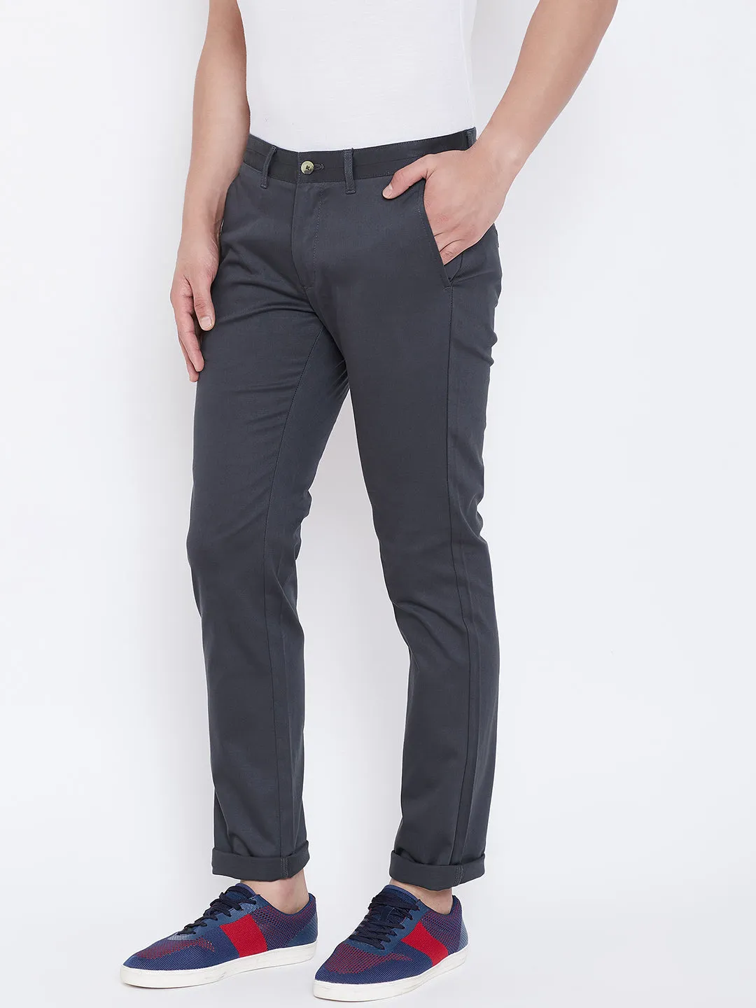 JUMP USA Men Charcoal Regular Fit Solid Trousers