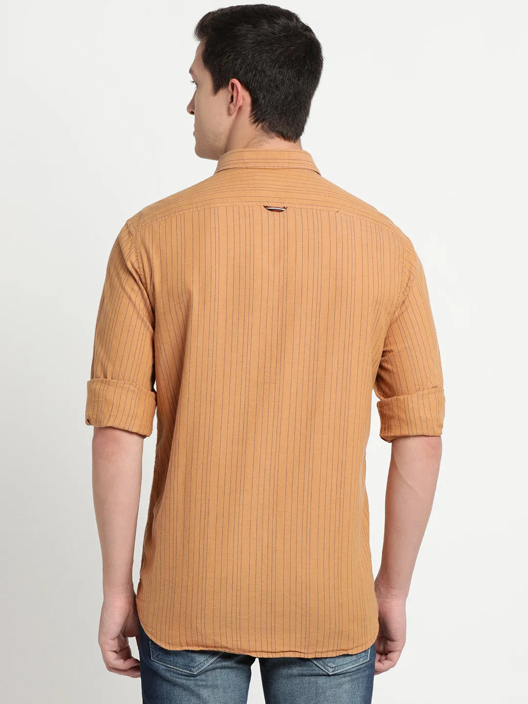 Khaki Cotton Striped Slim Fit Shirt