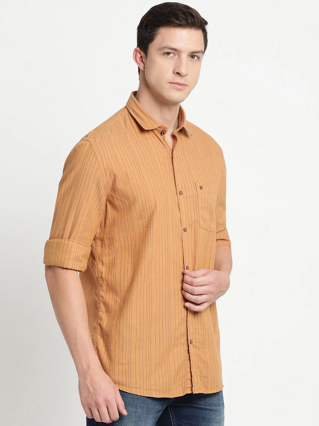 Khaki Cotton Striped Slim Fit Shirt