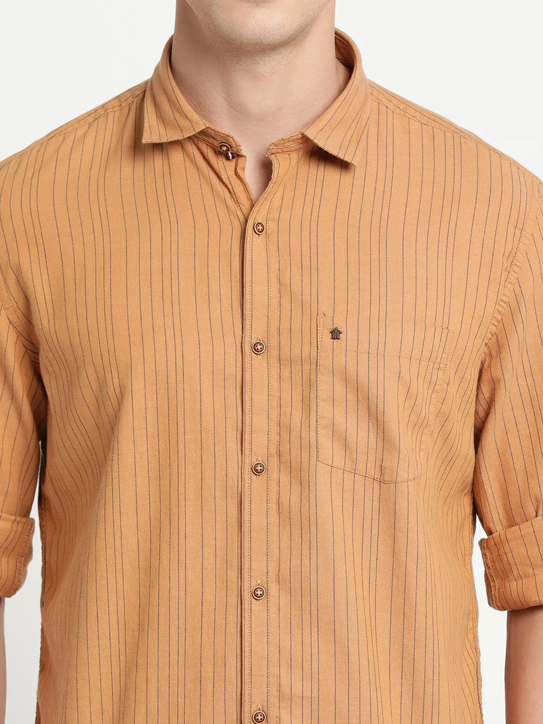 Khaki Cotton Striped Slim Fit Shirt