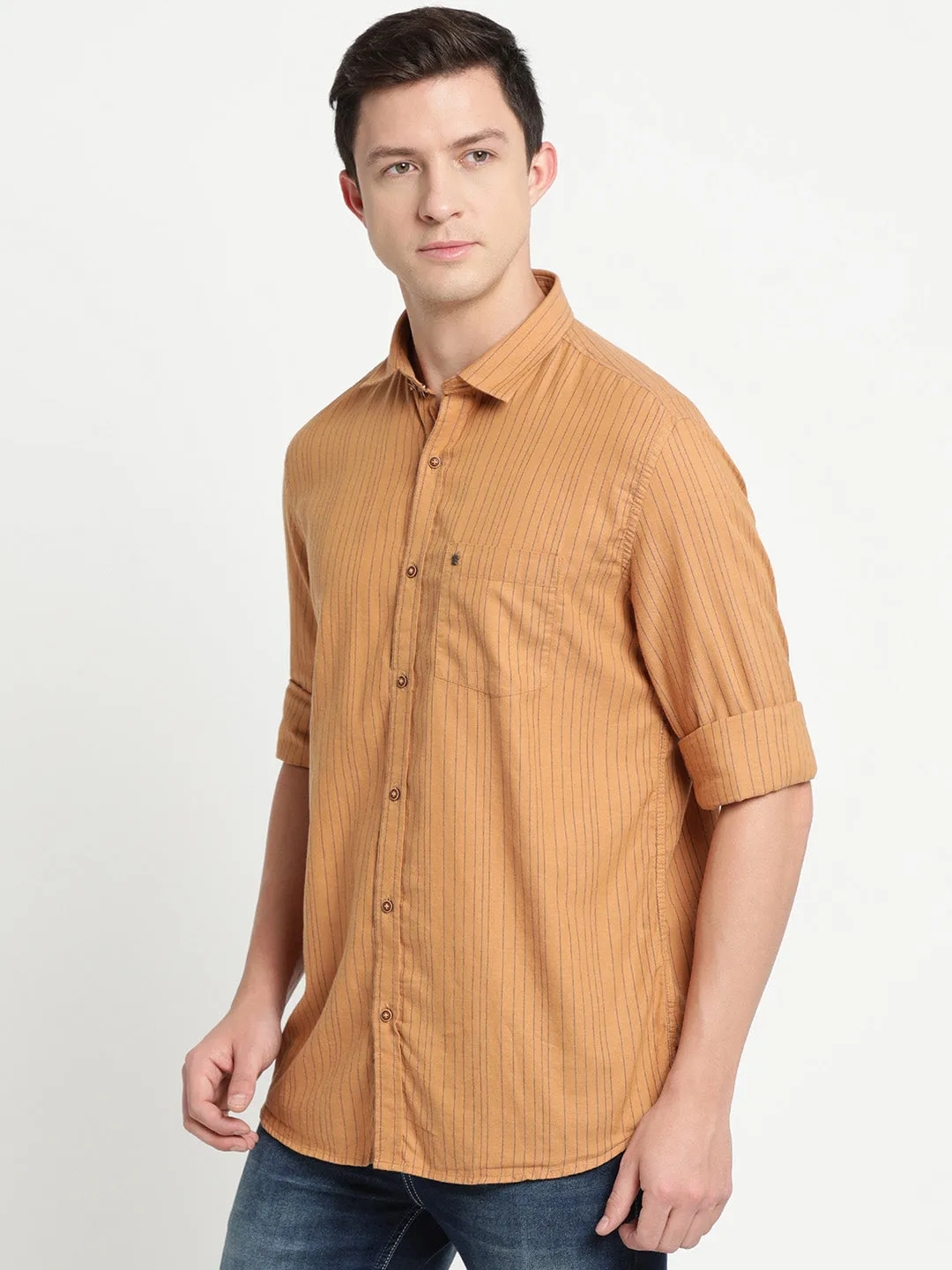 Khaki Cotton Striped Slim Fit Shirt