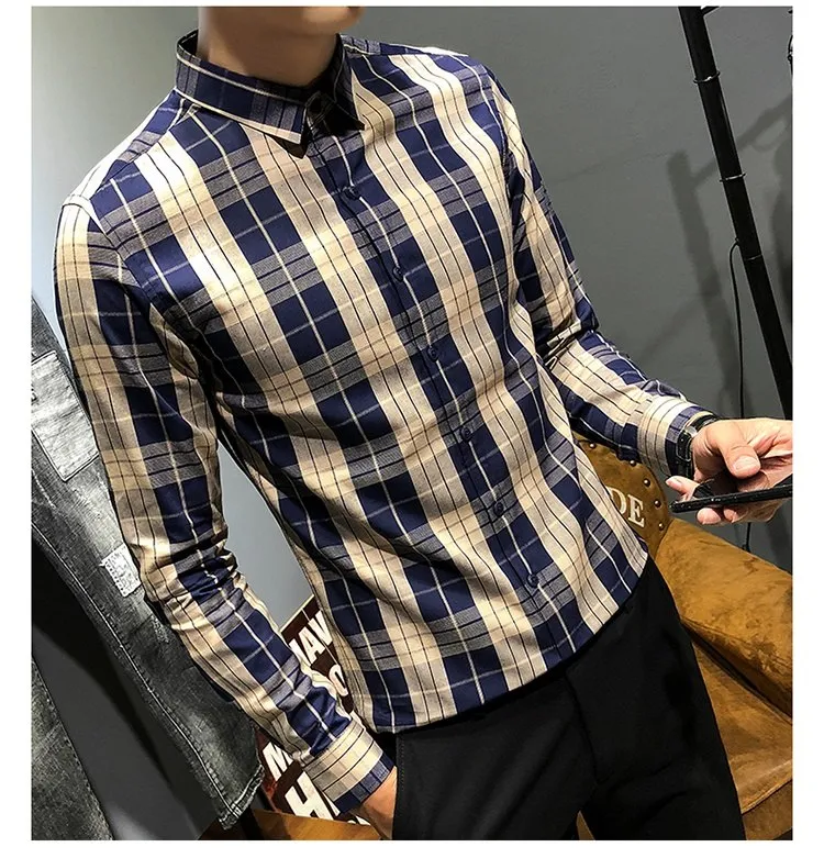 KUANGNAN Plaid Men Shirt Long Sleeve