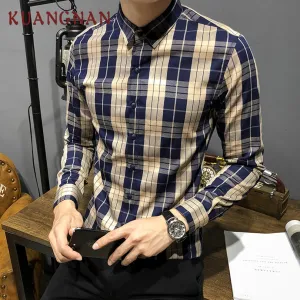 KUANGNAN Plaid Men Shirt Long Sleeve