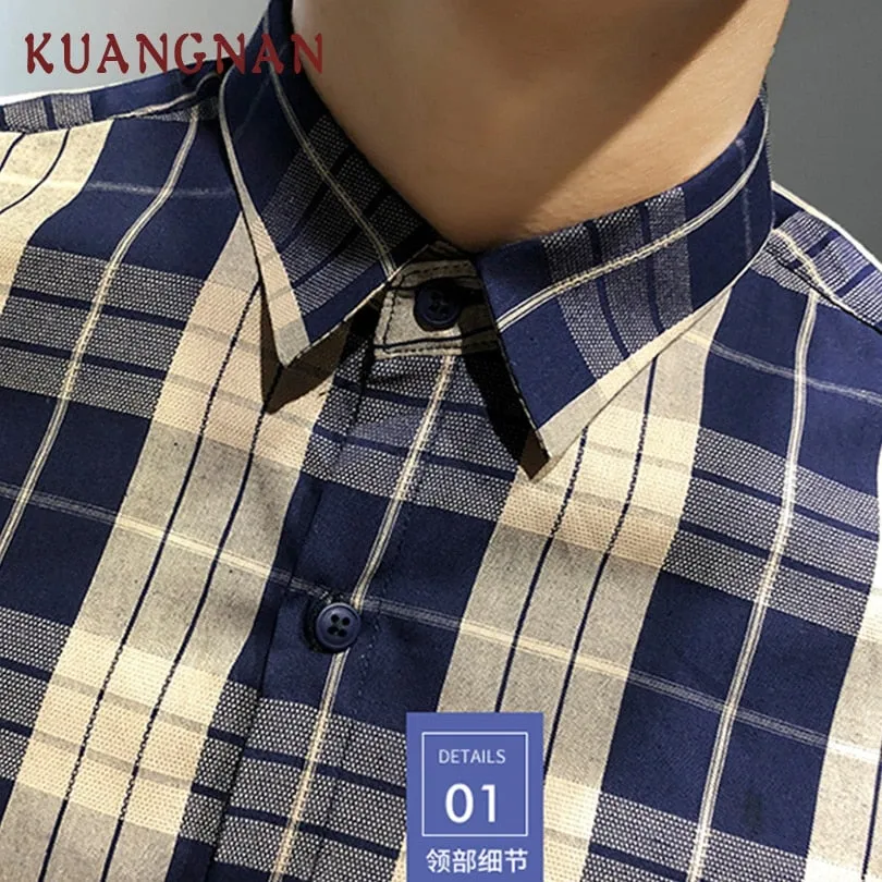 KUANGNAN Plaid Men Shirt Long Sleeve