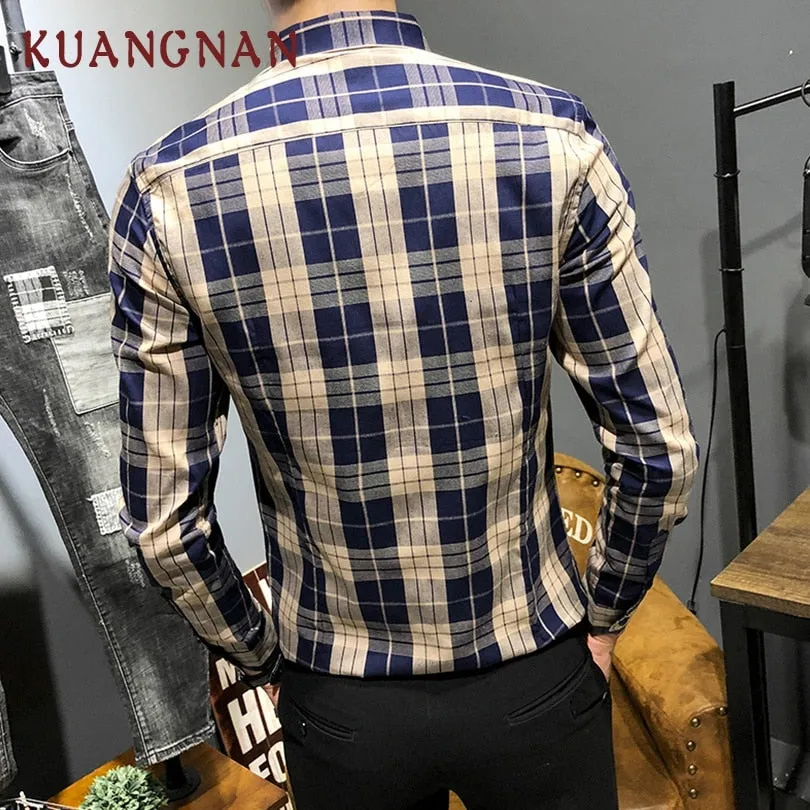 KUANGNAN Plaid Men Shirt Long Sleeve