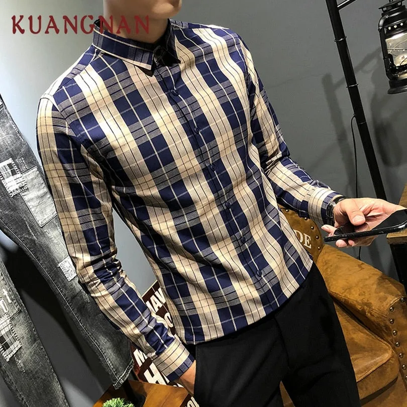 KUANGNAN Plaid Men Shirt Long Sleeve