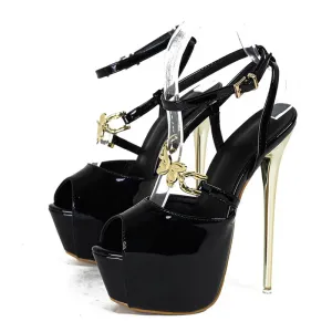 Liyke Black White Patent Leather Platform Pumps Women Shoes Fashion Metal Butterfly Designer High Heels Stiletto Sandals Size 42