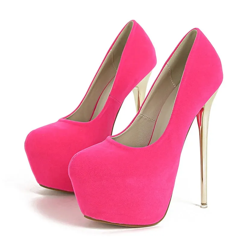 Liyke Spring  Autumn Sexy Metal Super High Heels Platform Pumps Women Pink Red Round Toe Stiletto Wedding Banquet Shoes Size 45