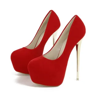 Liyke Spring  Autumn Sexy Metal Super High Heels Platform Pumps Women Pink Red Round Toe Stiletto Wedding Banquet Shoes Size 45