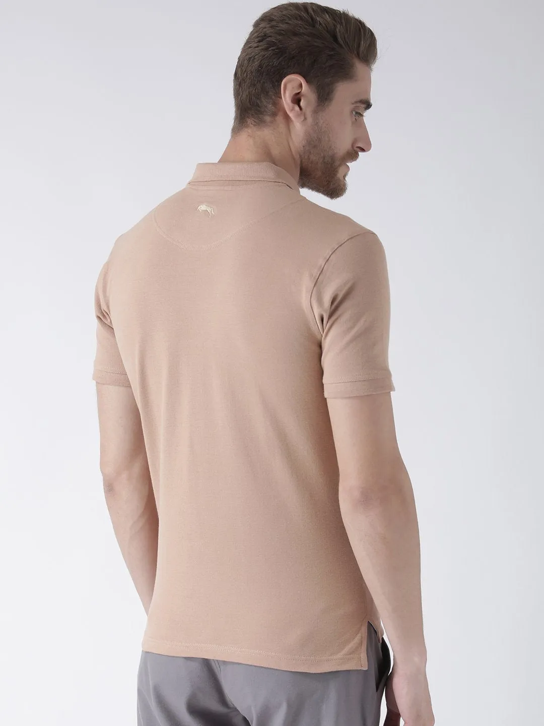 Men Beige Solid Polo Collar T-Shirt