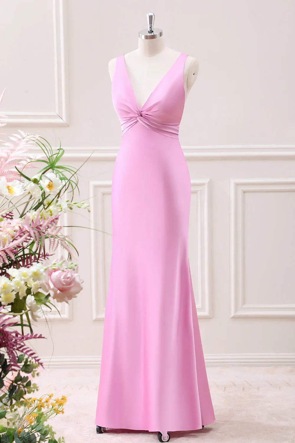 Mermaid Pink V Neck Satin Maxi Dress