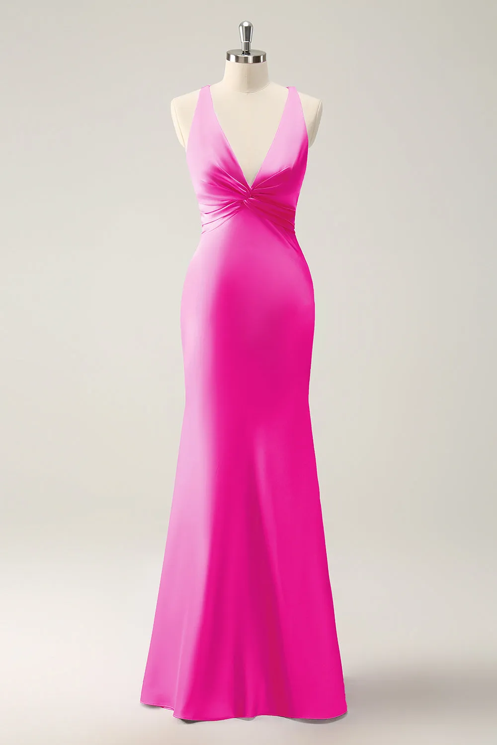 Mermaid Pink V Neck Satin Maxi Dress