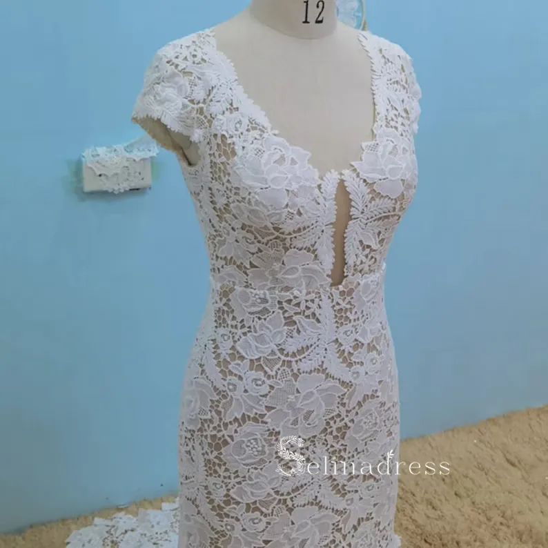 Mermaid V neck Cap Sleeve Rustic Lace Wedding Dresses Backless Bridal Gowns MHL153