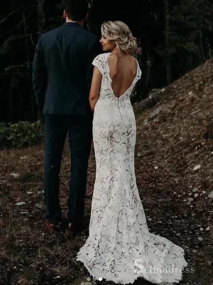 Mermaid V neck Cap Sleeve Rustic Lace Wedding Dresses Backless Bridal Gowns MHL153