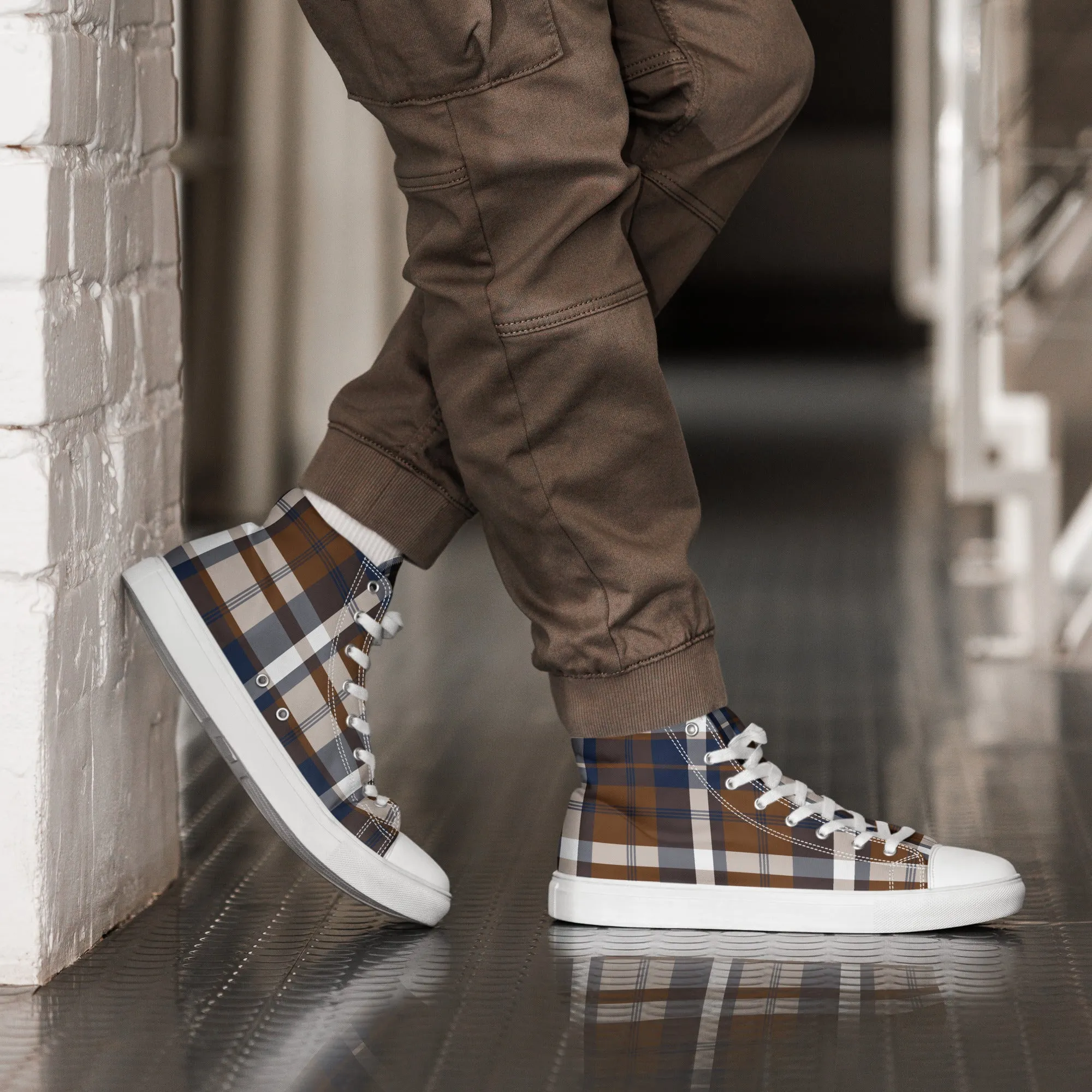 Navy Blue and Brown Preppy Surfer Plaid Men's High Top Canvas Shoes