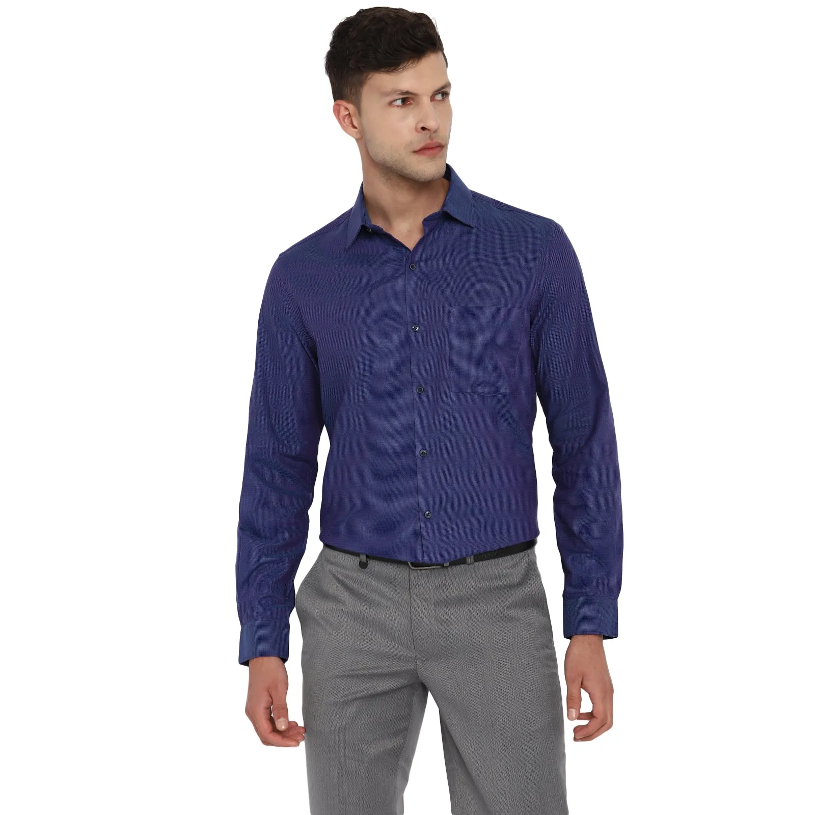 Navy Blue Cotton Self Design Slim Fit Shirts