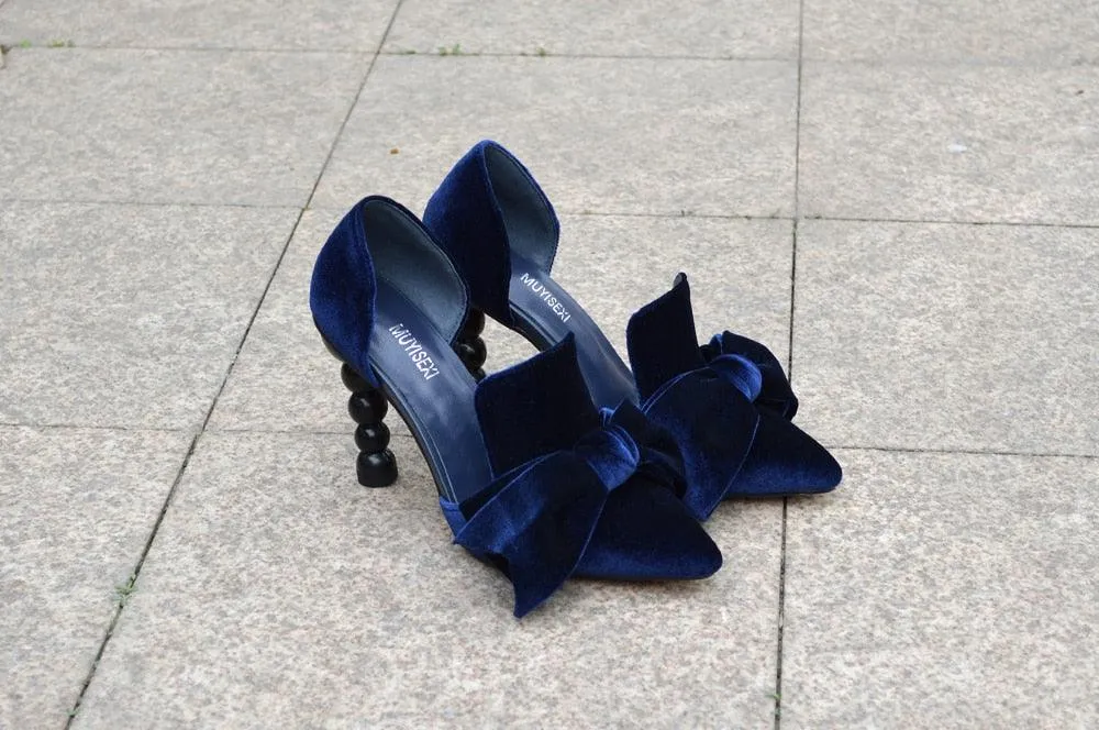 Navy Blue Velvet Bow Pumps