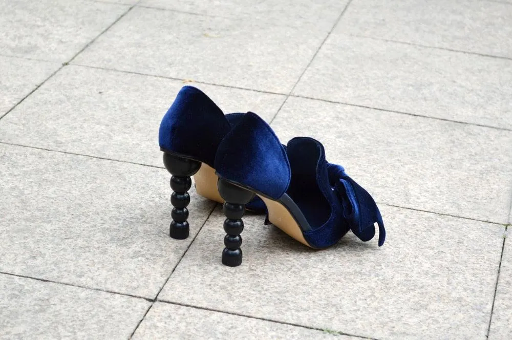 Navy Blue Velvet Bow Pumps