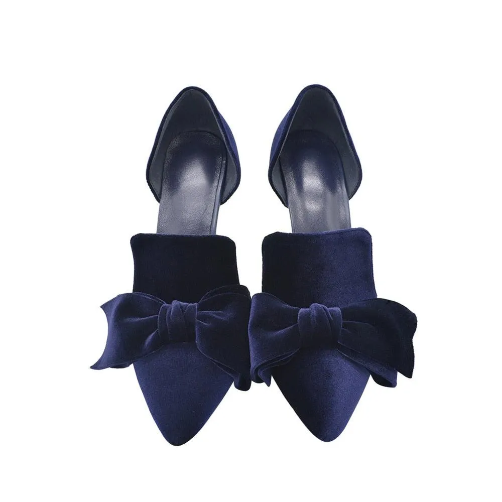 Navy Blue Velvet Bow Pumps