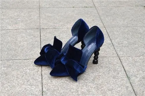 Navy Blue Velvet Bow Pumps