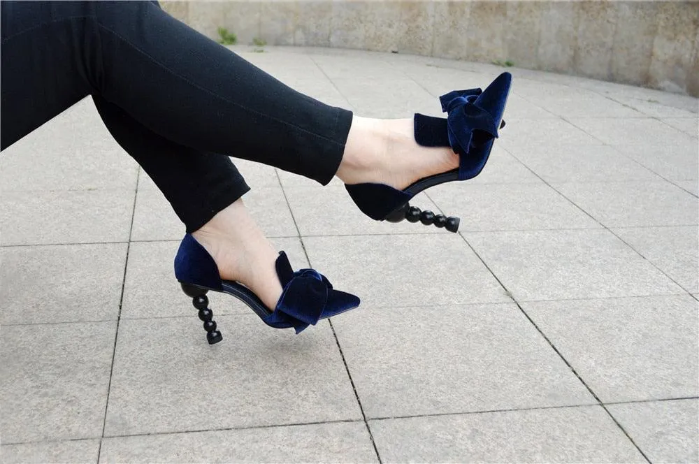 Navy Blue Velvet Bow Pumps