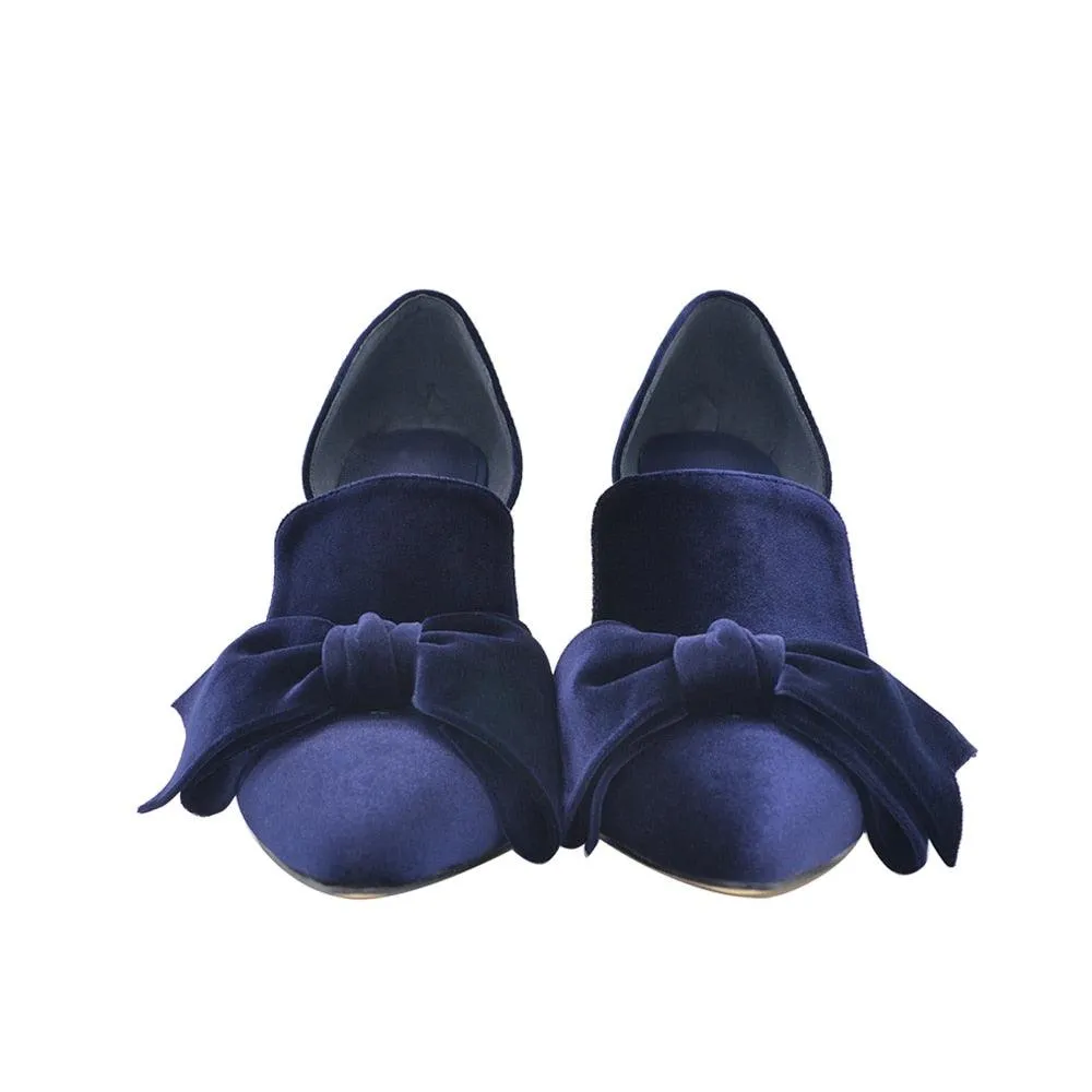 Navy Blue Velvet Bow Pumps