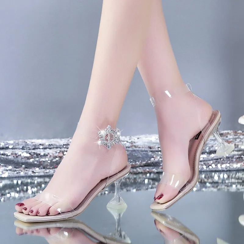 NEW Square Toe Summer Women Sandals Fashion Transparent Spike Heels Thin High Heel Buckle Strap Party Dress Ladies Shoes