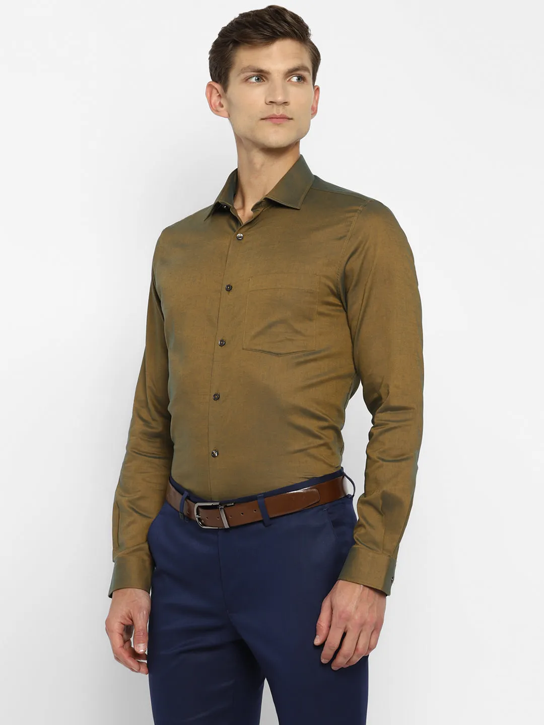 Olive Cotton Solid Slim Fit Shirts