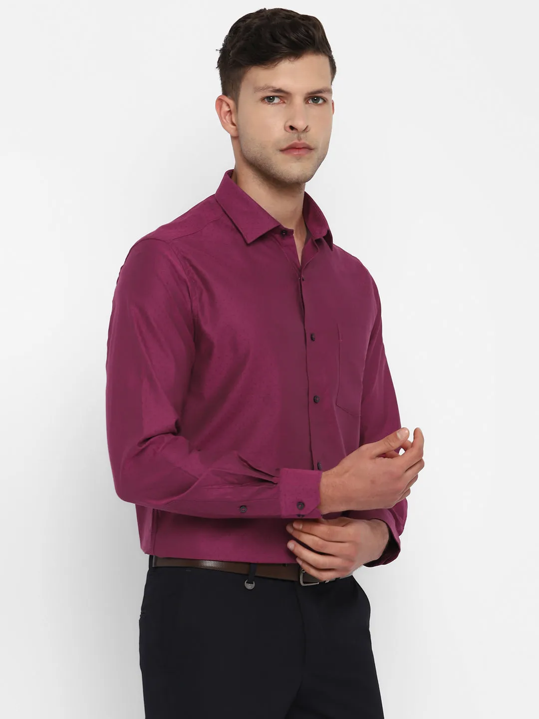 Purple Cotton Self Design Slim Fit Shirts