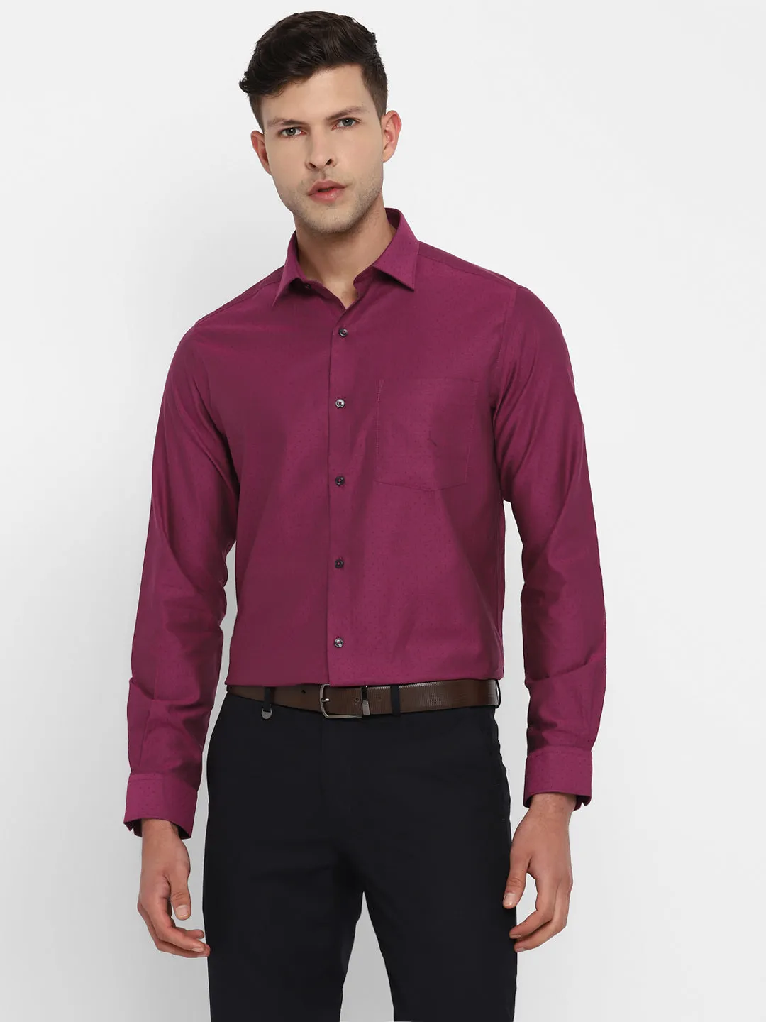 Purple Cotton Self Design Slim Fit Shirts