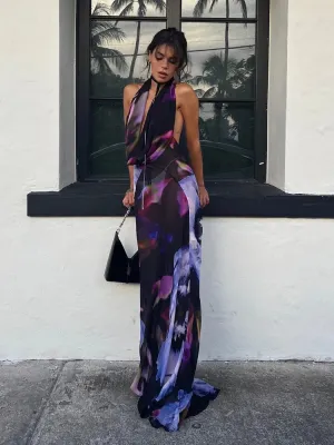 Sexy Purple Print Halter Bodycon Dress Summer Beach Outfits Elegant Sleeveless Club Party Dress