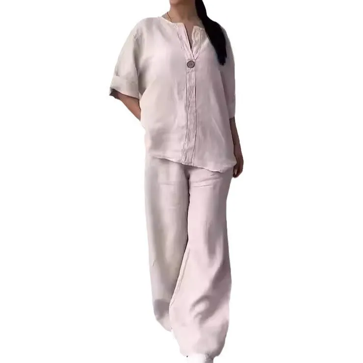 Soft Comfy Cotton Linen Relaxed-fit Button Top and Pants