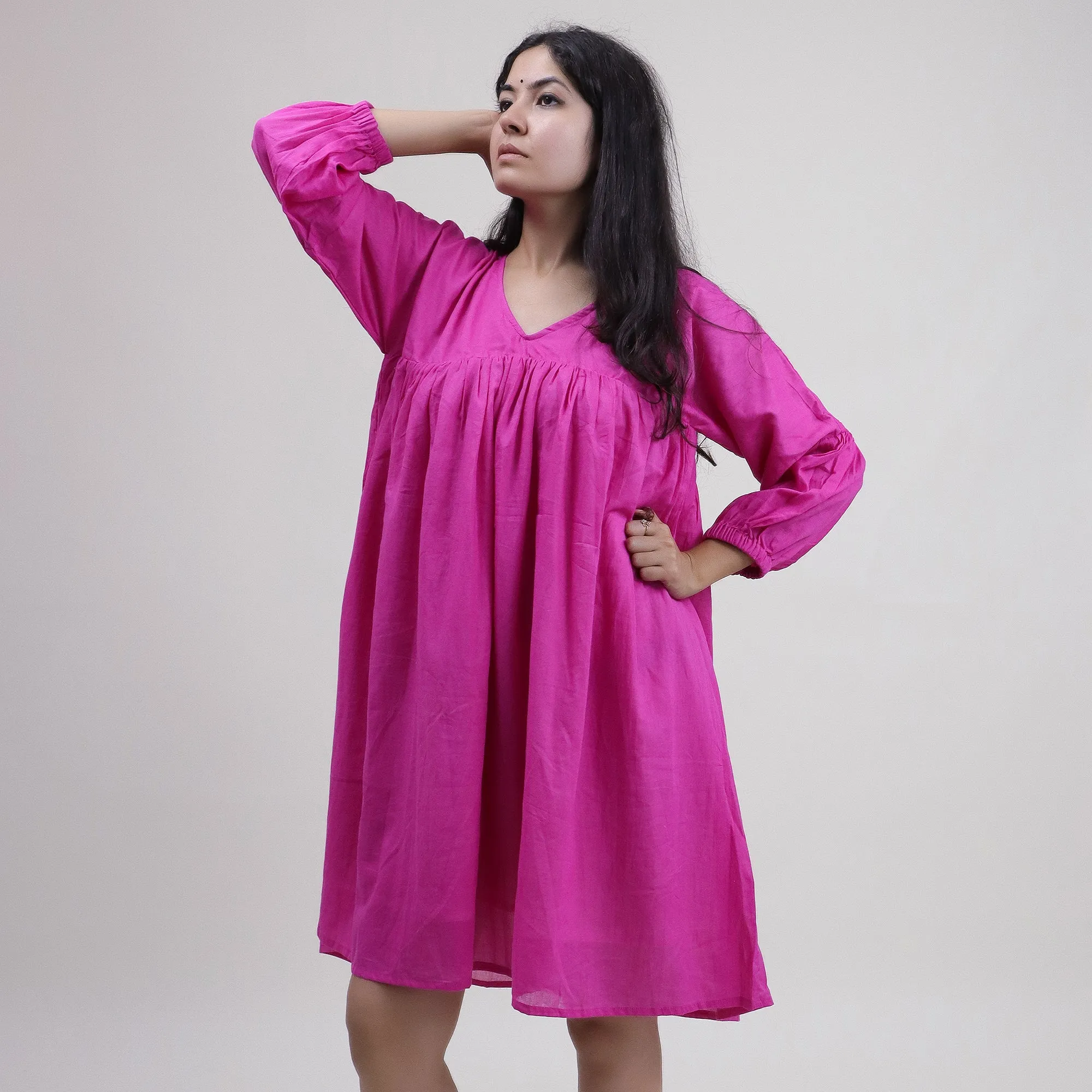 Solid V-Neck Top Soft Cotton Dresses For Women