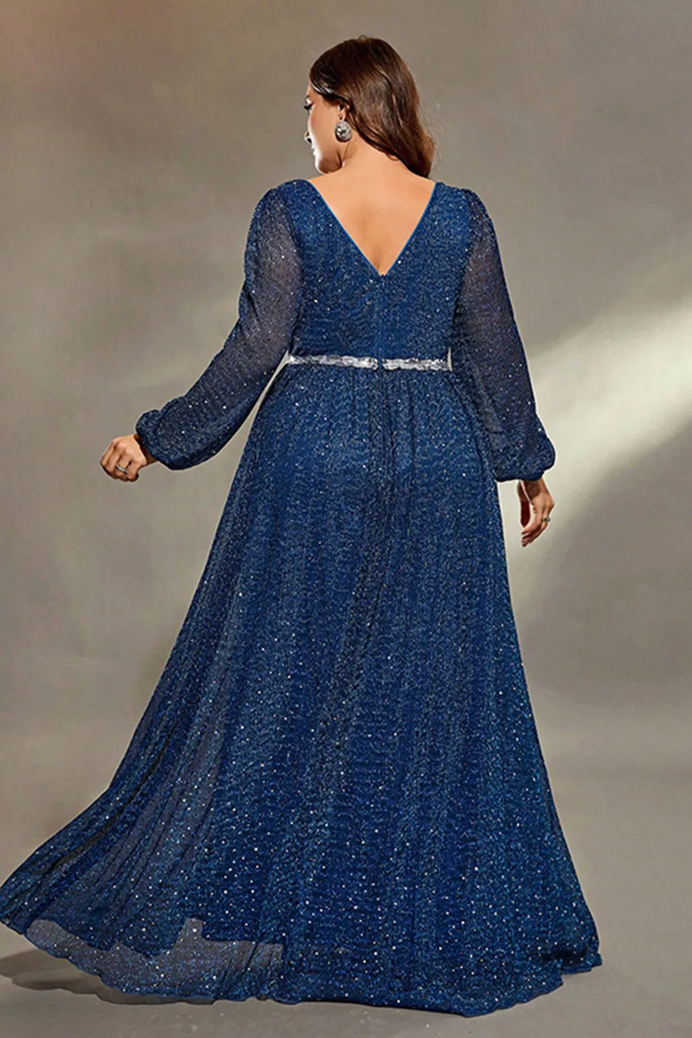 Sparkly Royal Blue V Neck Lantern Sleeves Sash Maxi Dress with Slit