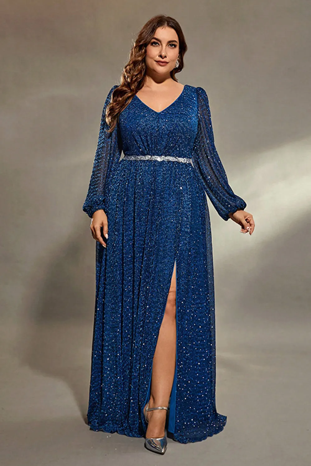 Sparkly Royal Blue V Neck Lantern Sleeves Sash Maxi Dress with Slit