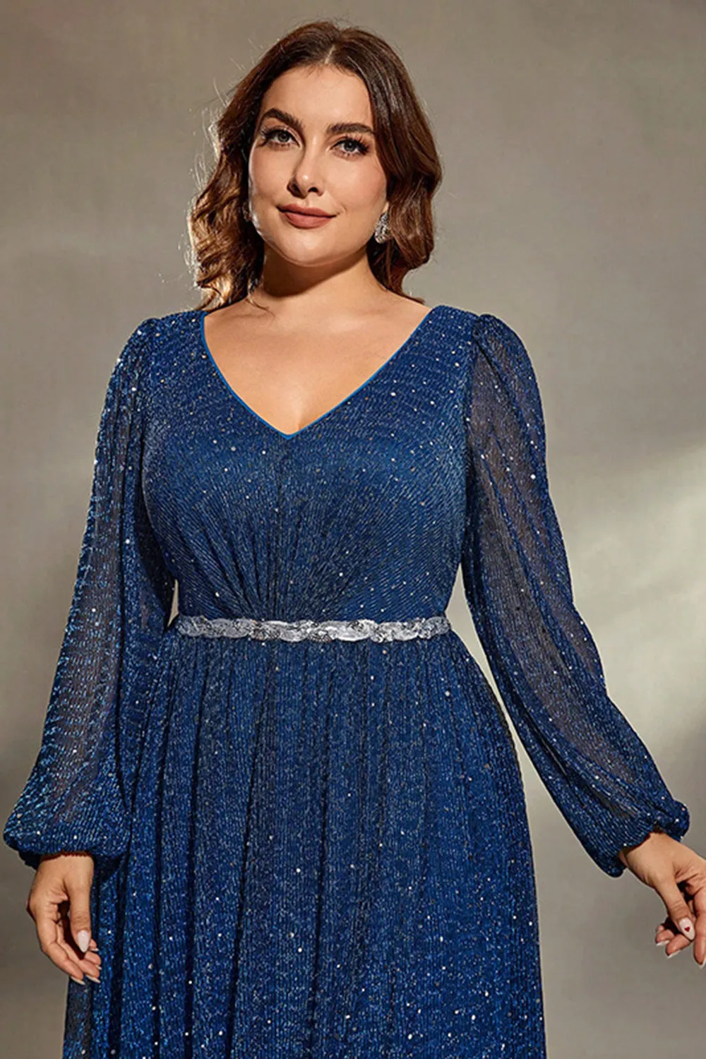 Sparkly Royal Blue V Neck Lantern Sleeves Sash Maxi Dress with Slit