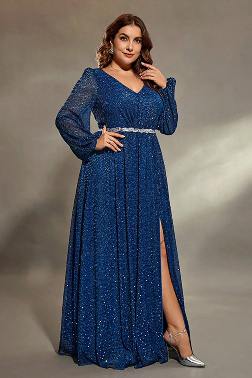 Sparkly Royal Blue V Neck Lantern Sleeves Sash Maxi Dress with Slit