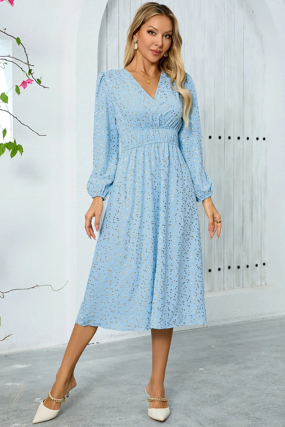 Sparkly Sky Blue A Line Sequins Long Sleeves V Neck Tea Length Wedding Guest Dress