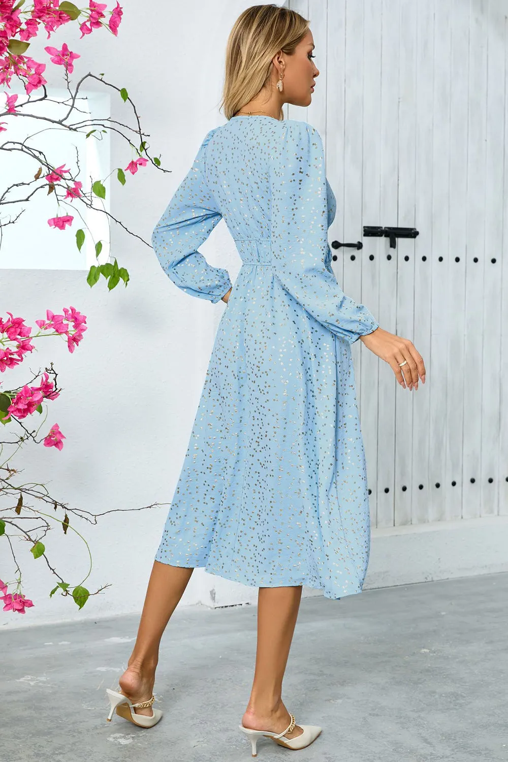 Sparkly Sky Blue A Line Sequins Long Sleeves V Neck Tea Length Wedding Guest Dress