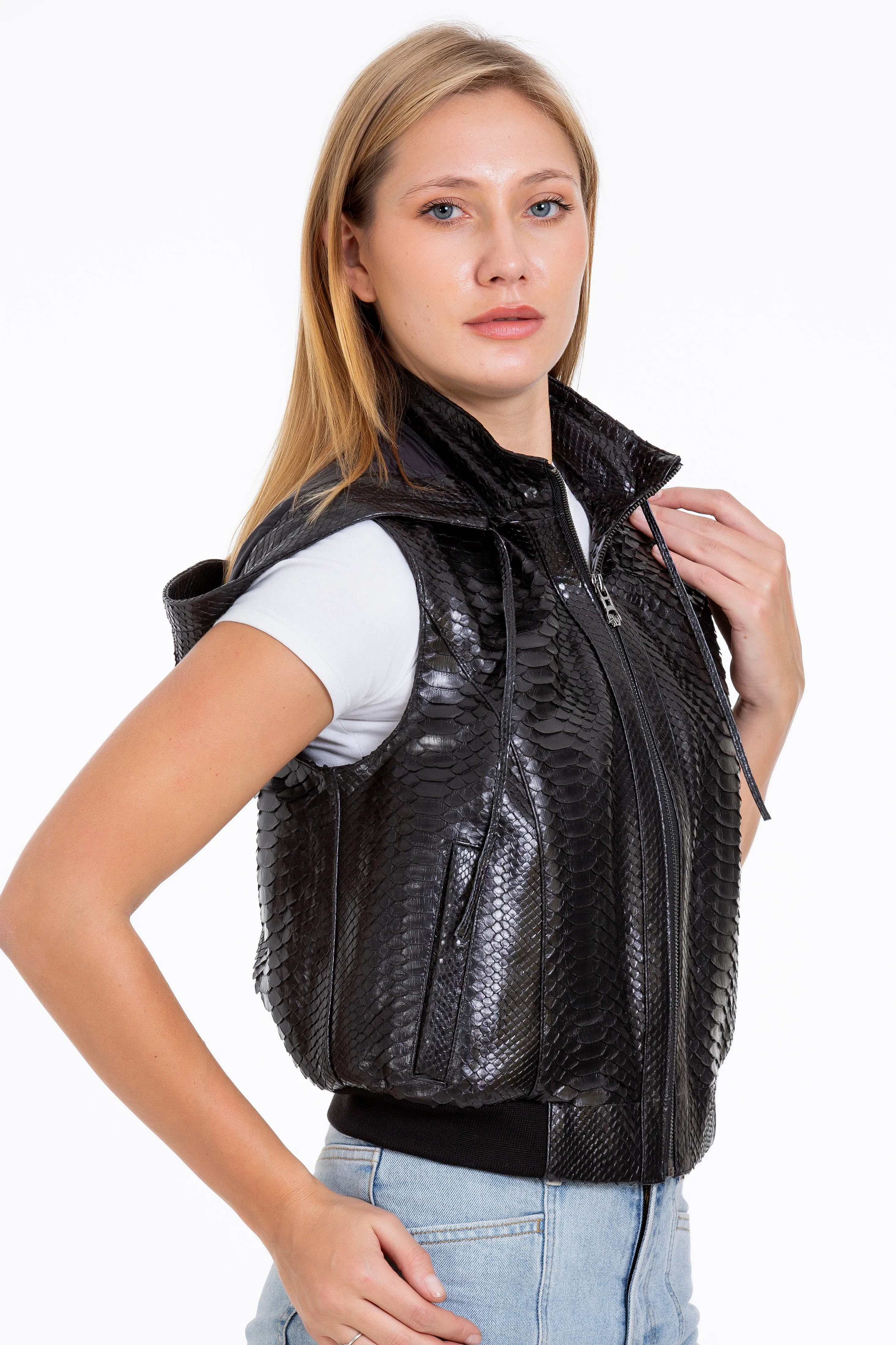 The Yanaka Pythn Skin Leather Black Zip-Up Vest with a Hood Women Jacket