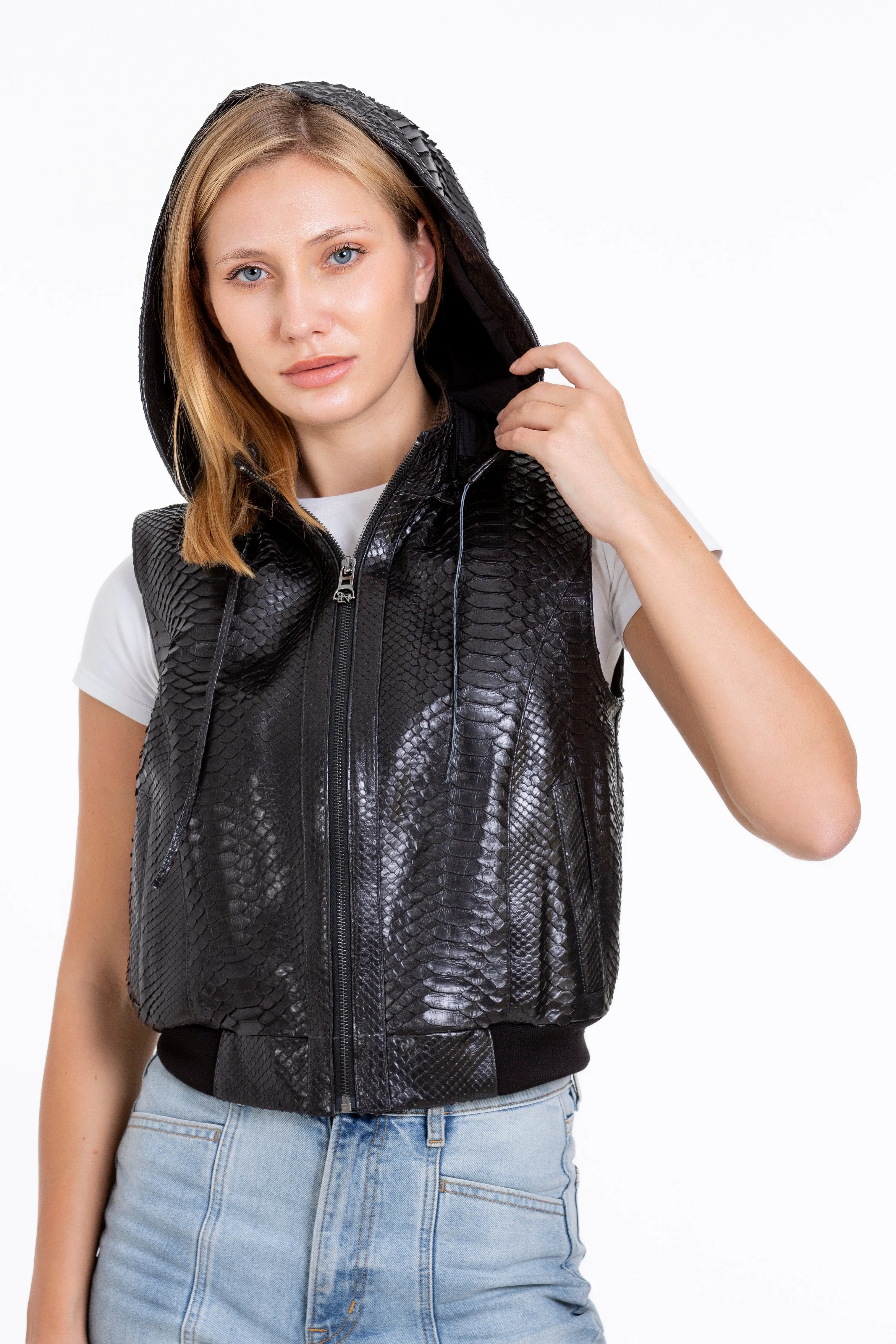 The Yanaka Pythn Skin Leather Black Zip-Up Vest with a Hood Women Jacket