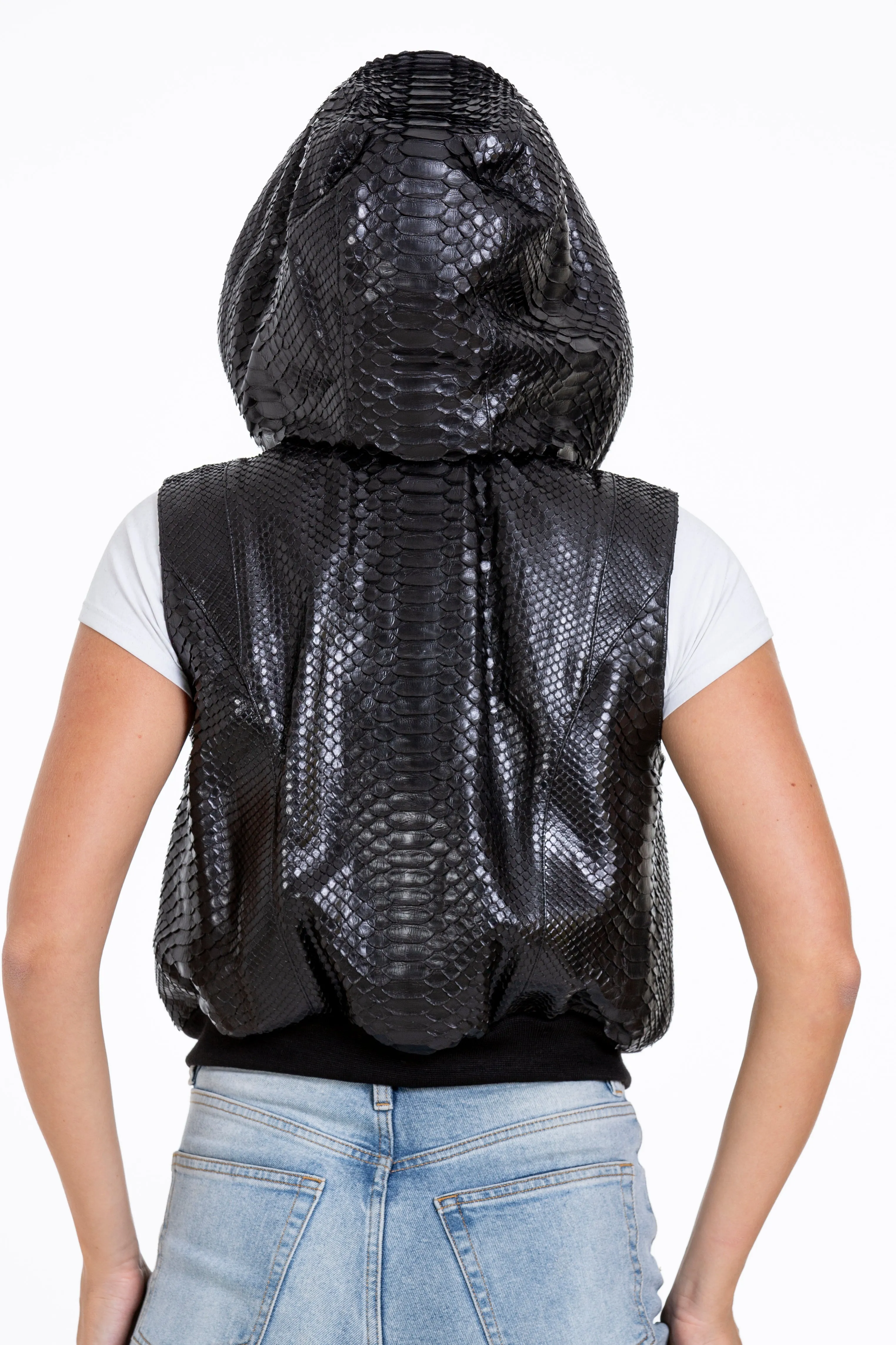 The Yanaka Pythn Skin Leather Black Zip-Up Vest with a Hood Women Jacket