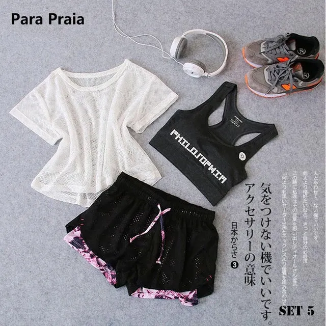 Three Piece Yoga Set Sport Shirt for Women Sports bra Fitness Flare Pants Tracksuit Gym Leggings in 15 styles