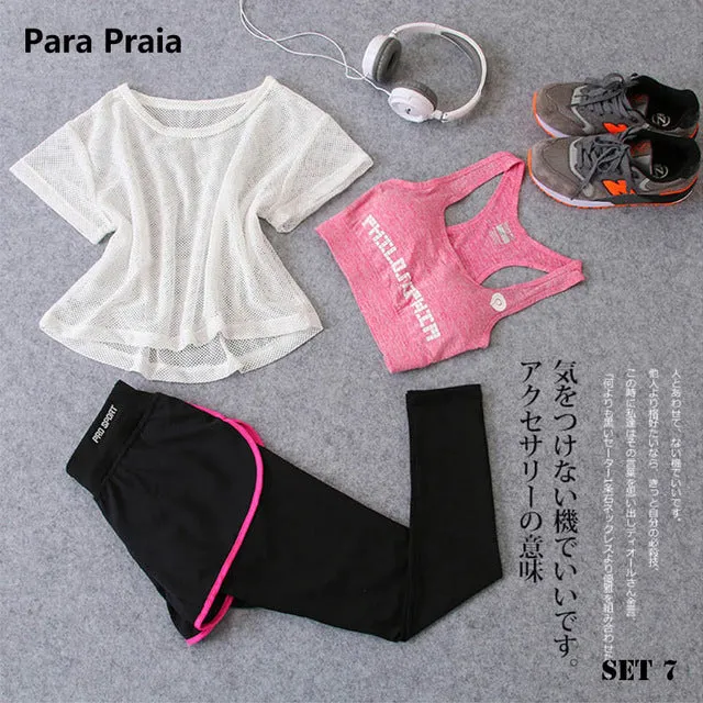 Three Piece Yoga Set Sport Shirt for Women Sports bra Fitness Flare Pants Tracksuit Gym Leggings in 15 styles