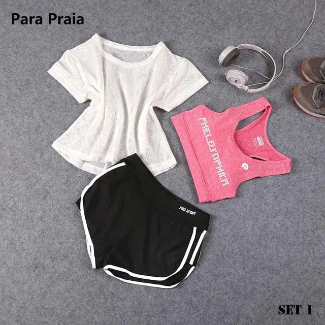 Three Piece Yoga Set Sport Shirt for Women Sports bra Fitness Flare Pants Tracksuit Gym Leggings in 15 styles