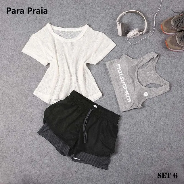 Three Piece Yoga Set Sport Shirt for Women Sports bra Fitness Flare Pants Tracksuit Gym Leggings in 15 styles