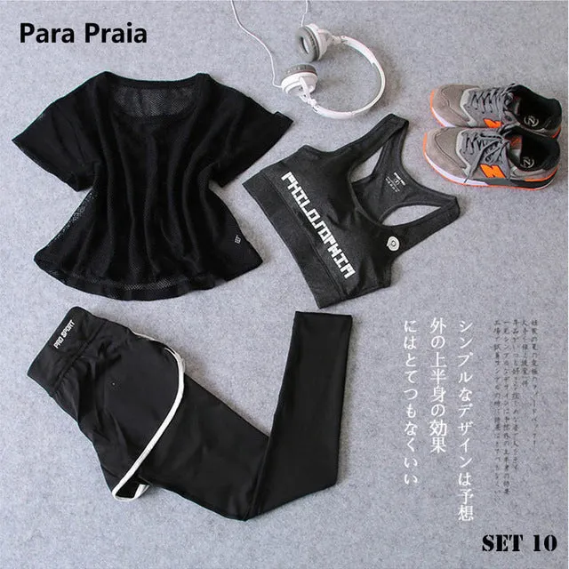 Three Piece Yoga Set Sport Shirt for Women Sports bra Fitness Flare Pants Tracksuit Gym Leggings in 15 styles