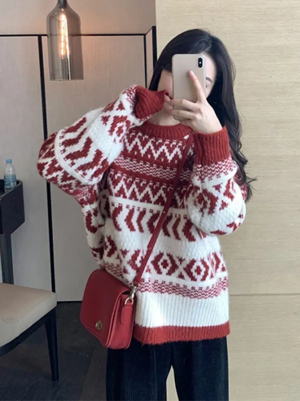 Toleet-Winter outfits Women's new Christmas and New Year geometric pattern round neck pullover sweater