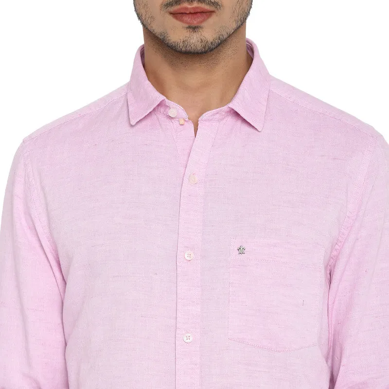 Turtle Men Cotton Linen Pink Slim Fit Solid Shirts